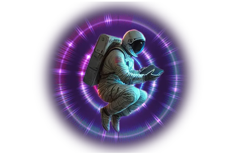 Astronaut crouching inside glowing purple rings
