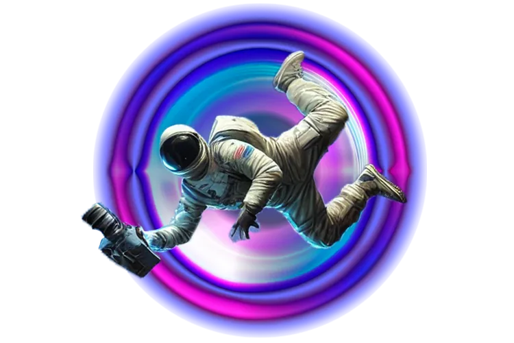 Astronaut floating with a camera through a glowing ring