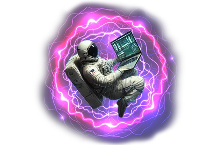 Astronaut using a laptop inside a pink energy field