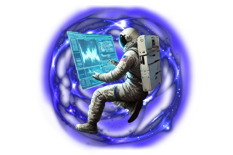 Astronaut working at a holographic screen inside a blue energy ring